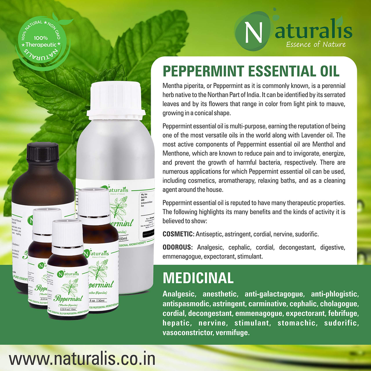 Naturalis Peppermint Essential Oil - Pure Therapeutic Grade Peppermint Oil For Hair, Skin Care, Steaming, Diffuser & Aromatherapy - Soothing Relief - 30Ml