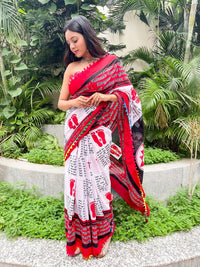 Shivanya Handicrafts Cotton Mulmul Saree for Women Attached Pom Pom Lace Red & Black 1
