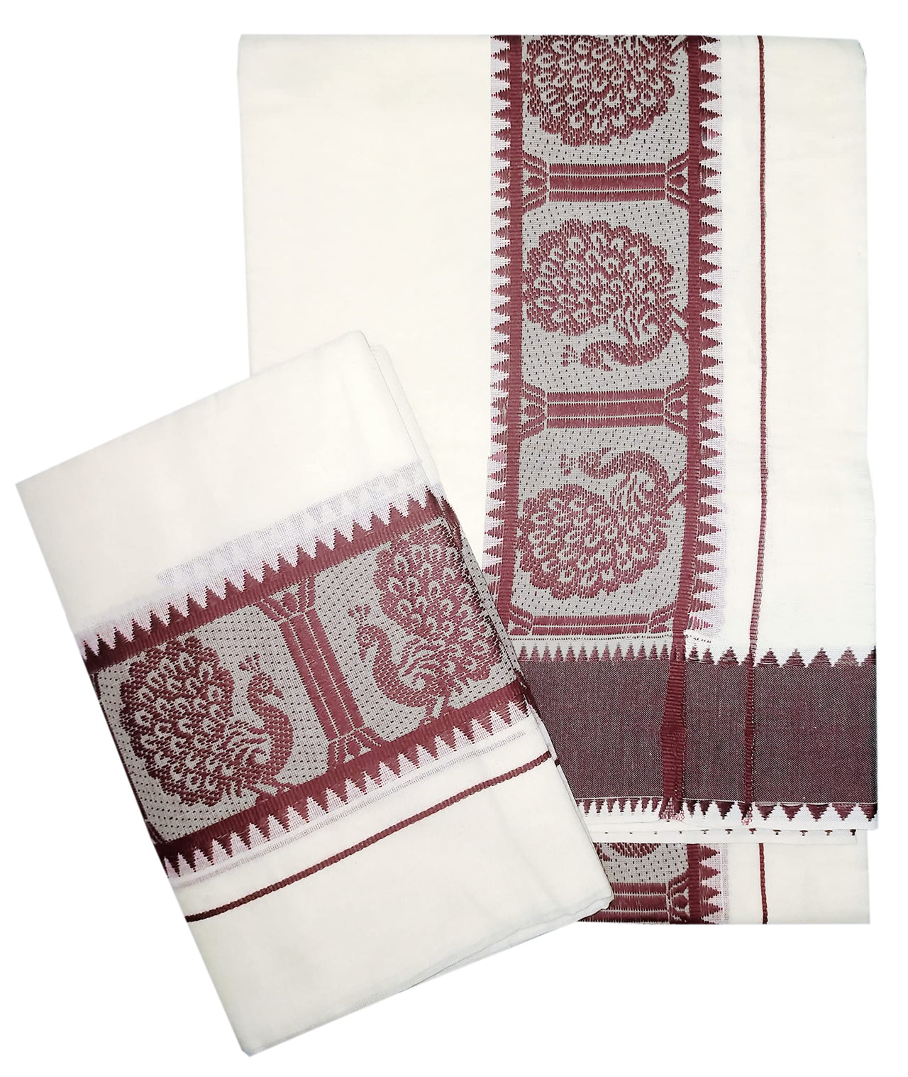 YETTALAN® Women's  Kerala Traditional Cotton Jacquard Work Set Mundu with Color Temple Border 2.00&2.80 Meters Maroon Peacock