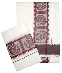 YETTALAN® Women's  Kerala Traditional Cotton Jacquard Work Set Mundu with Color Temple Border 2.00&2.80 Meters Maroon Peacock