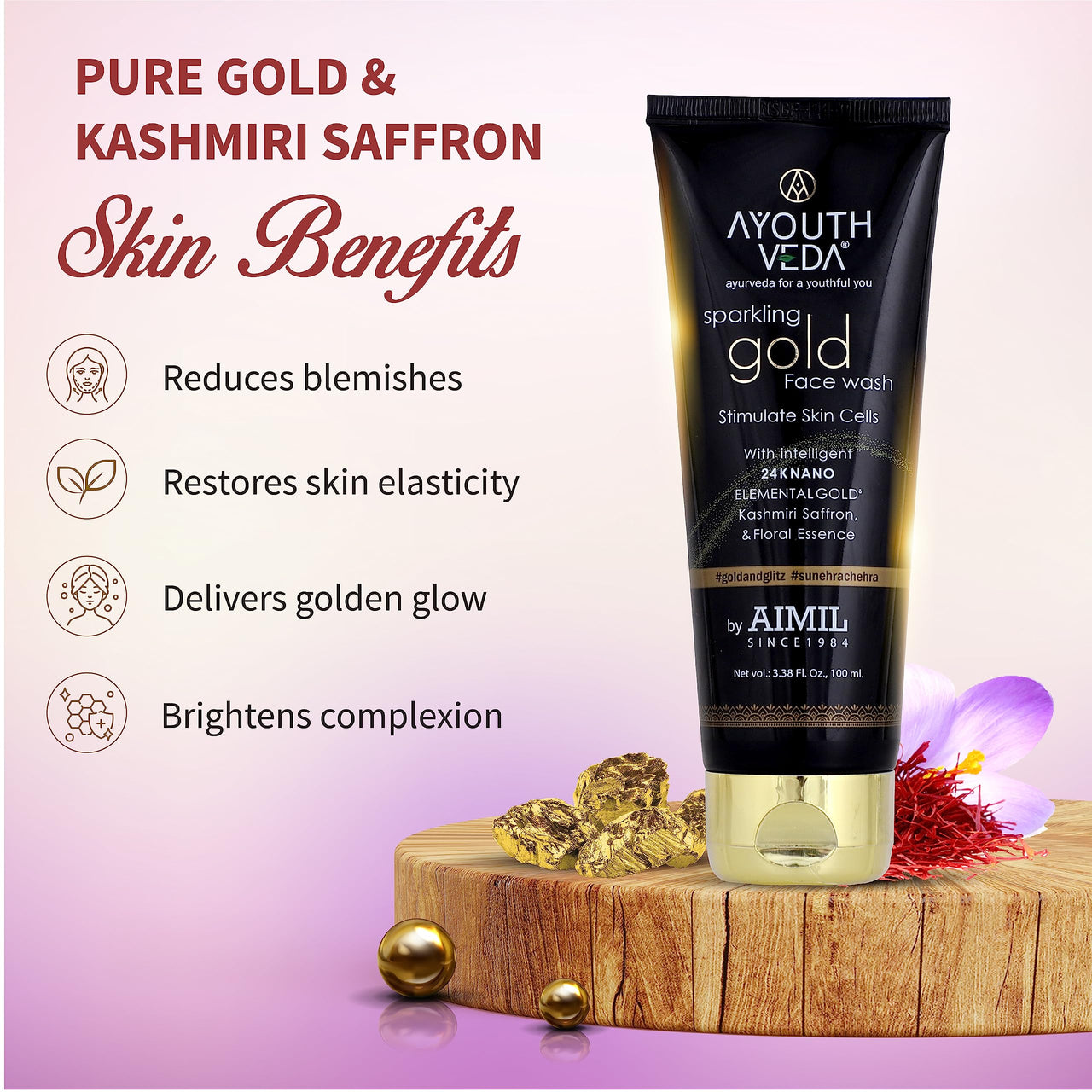 Ayouthveda Sparkling 100 ml Gold Face Wash With 24k Gold & Saffron | Face Wash for Glowing Skin Men and Women | Suitable for Normal & Dry Skin (Pack of 3;100ml each)