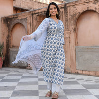 KLOSIA Women Hand Block Printed Kurta and Palazzo Set with Dupatta