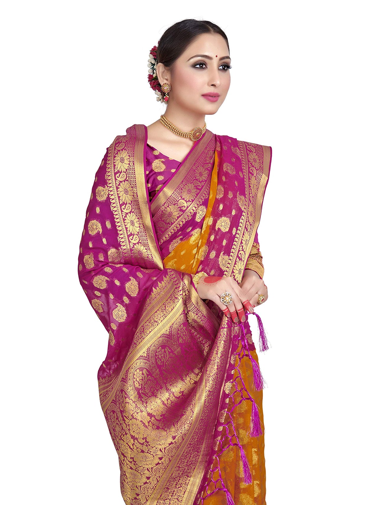 Vardha Women's  Chiffon Silk Saree with Unstitched Blouse Piece - Zari Woven Work Sarees for Wedding