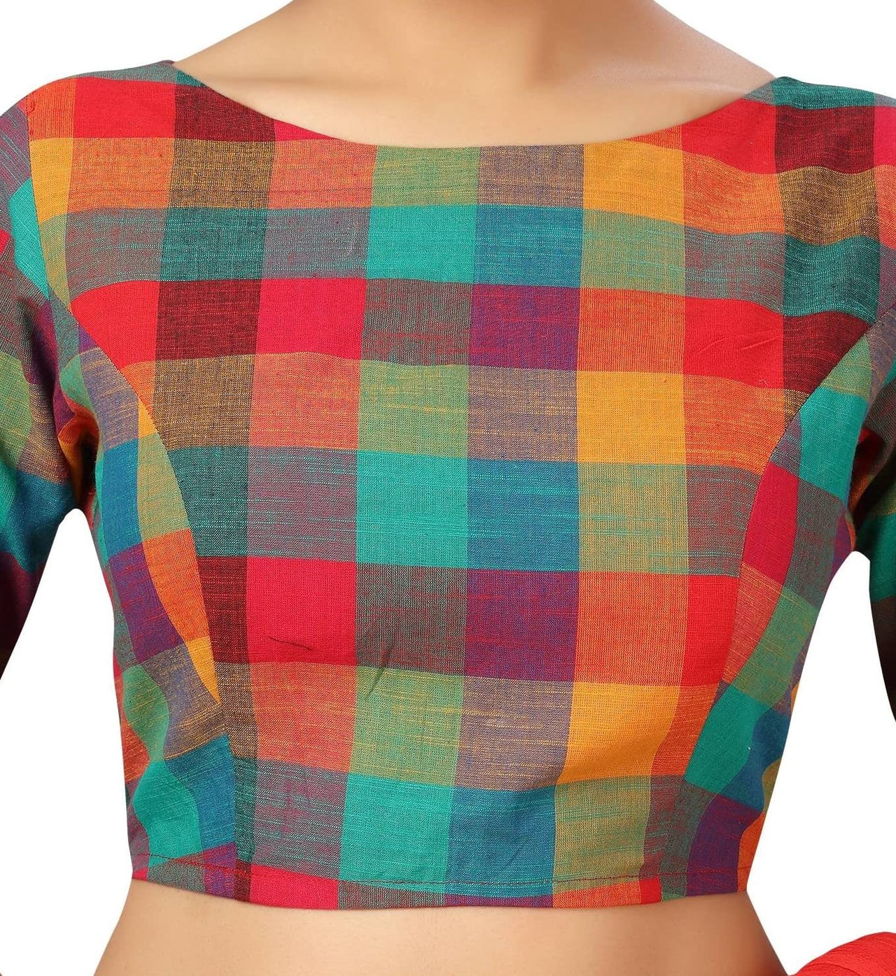 X3 Women's  Pure Cotton Madras Checks Elbow Length Sleeves Saree Blouse