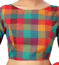 X3 Women's  Pure Cotton Madras Checks Elbow Length Sleeves Saree Blouse