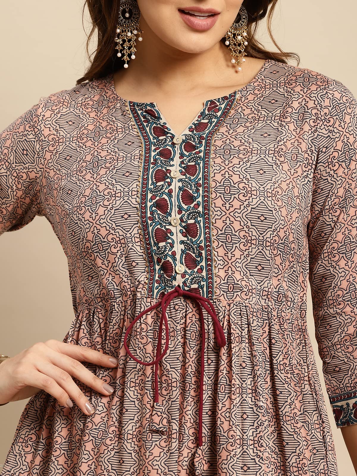 rangita Women Rayon Peach Printed Calf Length Anarkali Tiered Kurti with Contrats Printed Placket