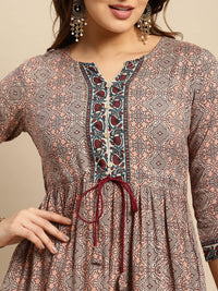 rangita Women Rayon Peach Printed Calf Length Anarkali Tiered Kurti with Contrats Printed Placket