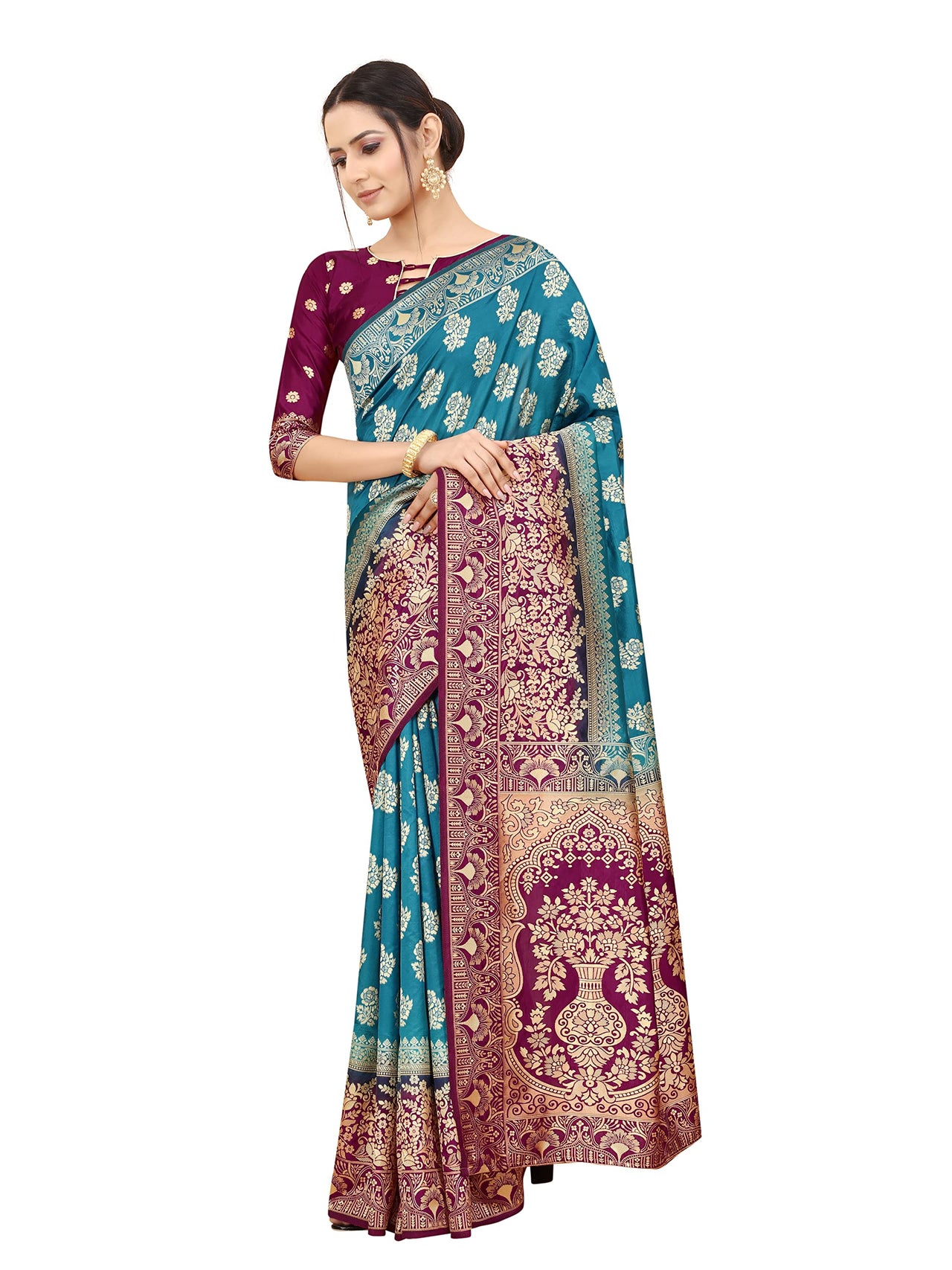 SATYAM WEAVES Women's  Banarasi Cotton Silk Saree With Blouse Piece
