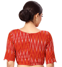 X3 Women's  Red Ikkat Pure Cotton Stitched Saree Blouse with Elbow Length Sleeves
