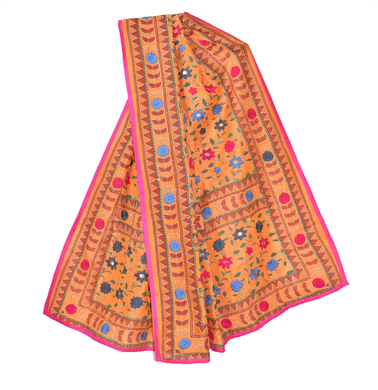 tweedle Chanderi Phulkari/Fulkari Dupatta for Women in Madhubani Kantha Embroidery