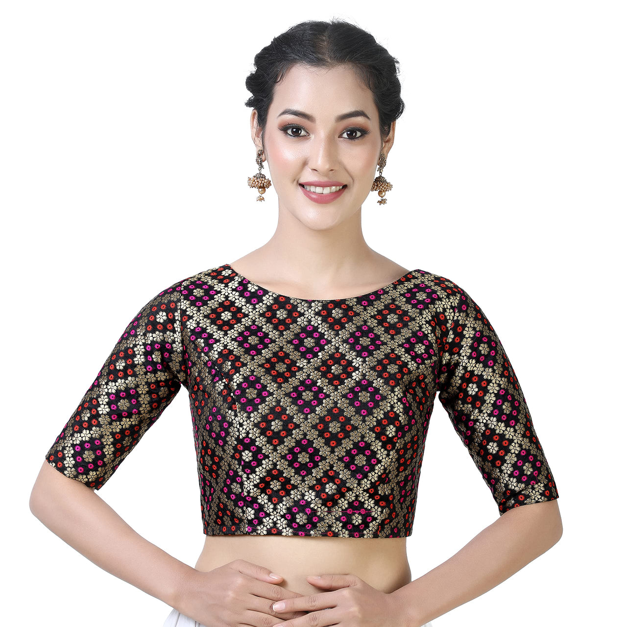 X3 Women's  Brocade Zari Weaving Elbow Length Sleeves Saree Blouse