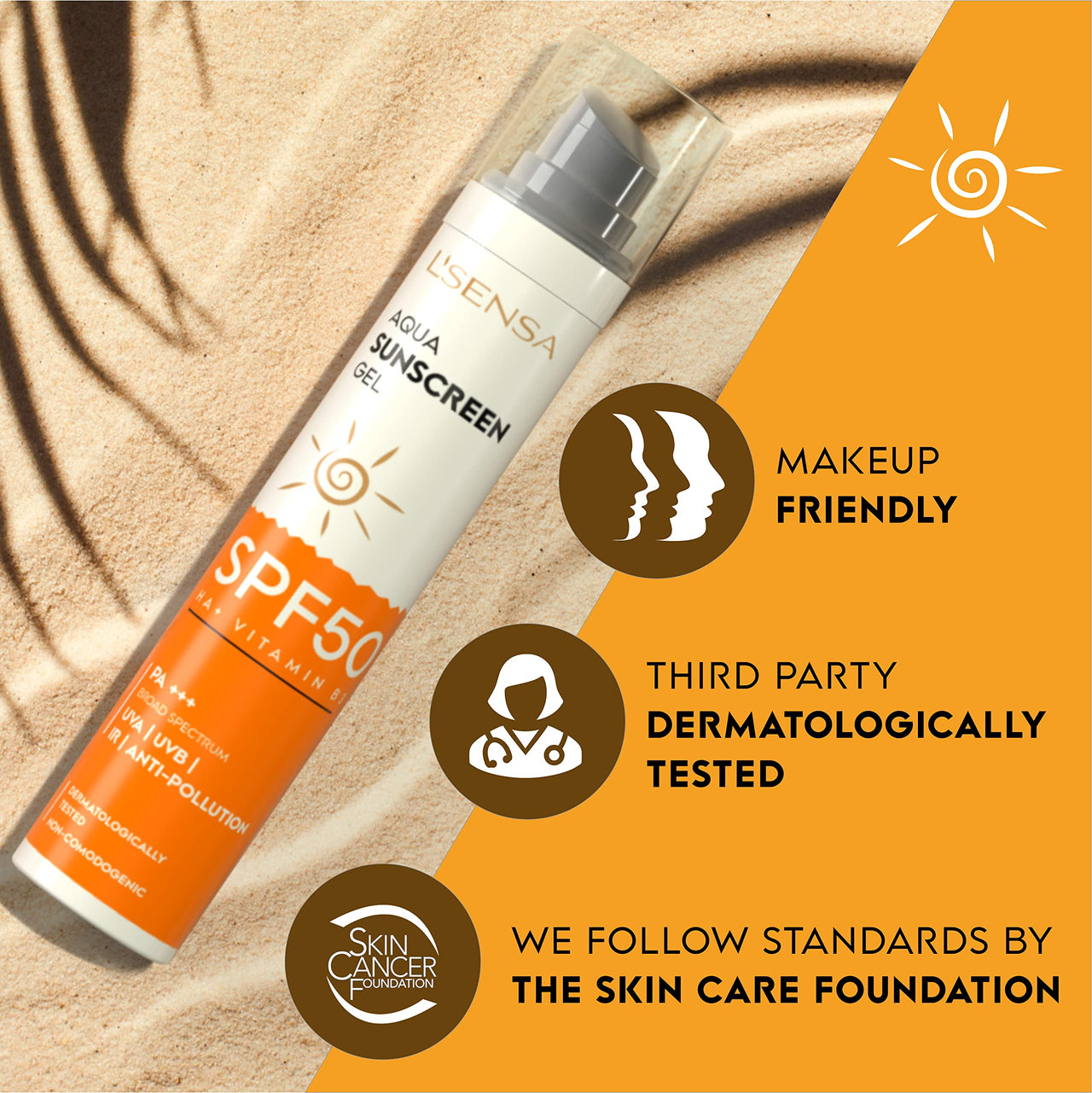 L'SENSA Sunscreen SPF 50 for Oily Skin, Anti-Tan, Waterproof Sun cream, 1% Hyaluronic Aqua Gel, Free from Oxybenzone, For Oily, Combination & Ace Prone Skin, Make-Up Friendly For Women & Men, 50Gram