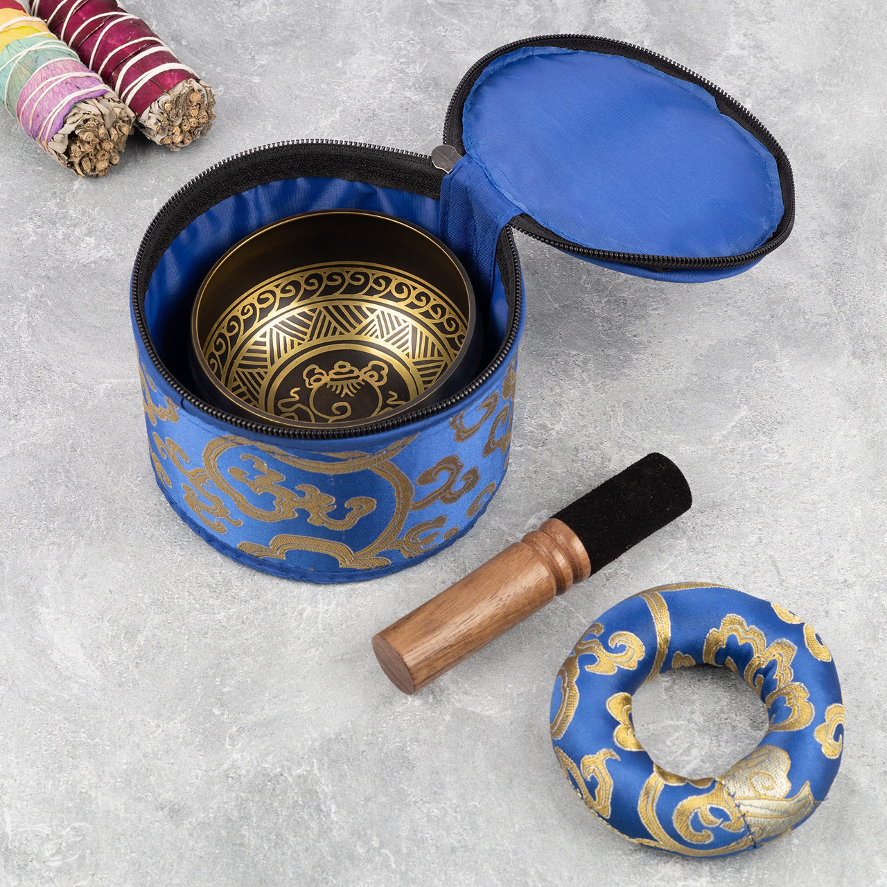 Wish Well Tibetan Singing Bowl Set ~ 4" Sound Bowl with 7 Chakra Crystal Stones, Rose Quartz Pendulum, Fabric Case, Cushion, & Mallet ~ Perfect For Meditation, Yoga, Spiritual Healing, & Mindfulness Gold Set with Healing Crystals & Case