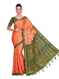 MIMOSA Art silk Wedding saree Kanjivarm Pattu style With Contrast Blouse Color: Orange (4282-65-2D-PCH-BGRN)