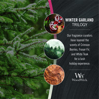 WoodWick Medium Hourglass Candle, Winter Garland - Premium Soy Blend Wax, Pluswick Innovation Wood Wick, Made in USA | Holiday Gifts for All WoodWick Medium - Triology