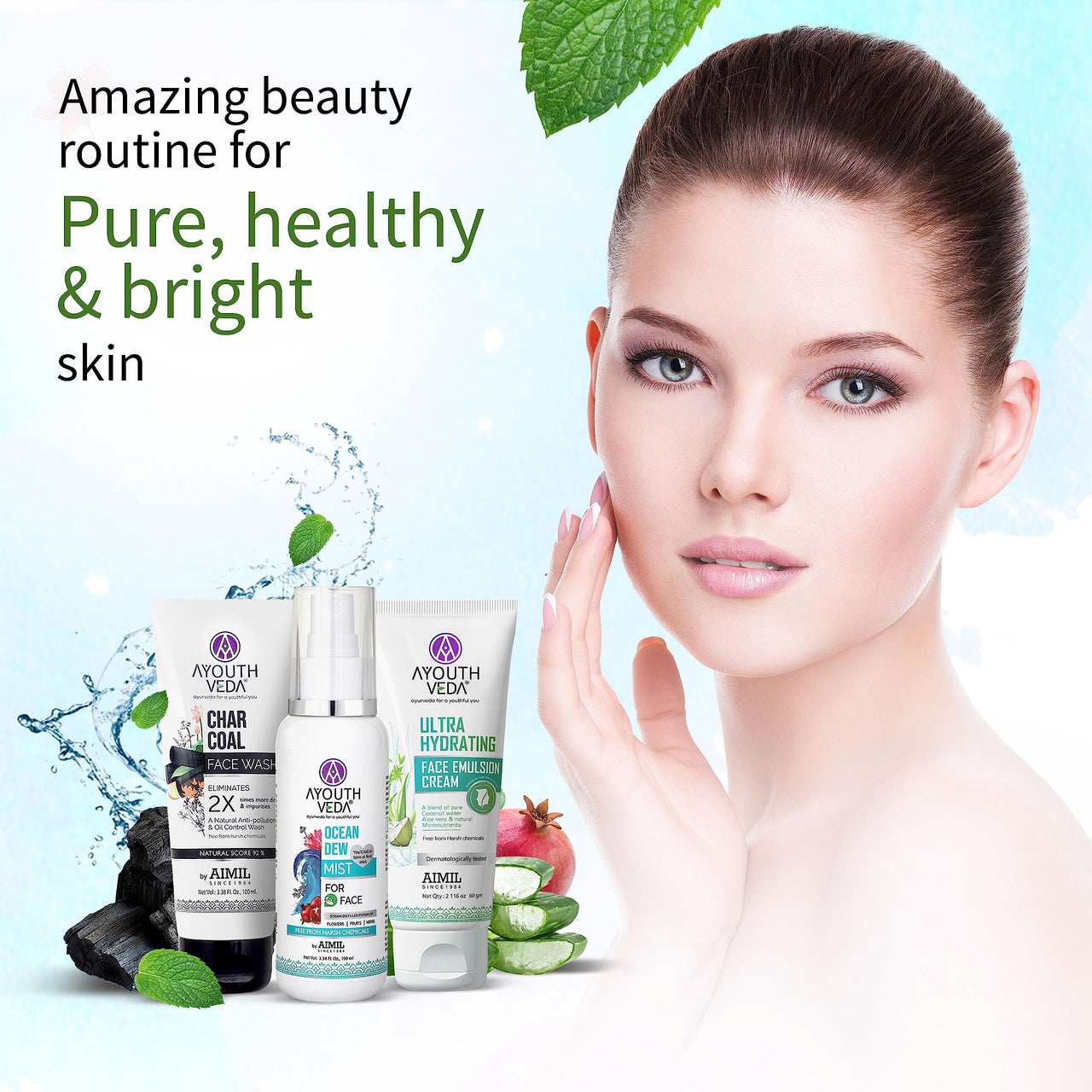 Ayouthveda CTM Combo For Dirt Free Clear Skin, Dark Spots, Refreshes Complexion Charcoal Face Wash(100ml) | Ocean Mist(100ml) | Ultra Hydrating Face Emulsion Cream With Aloe Vera & Coconut Water(60g)