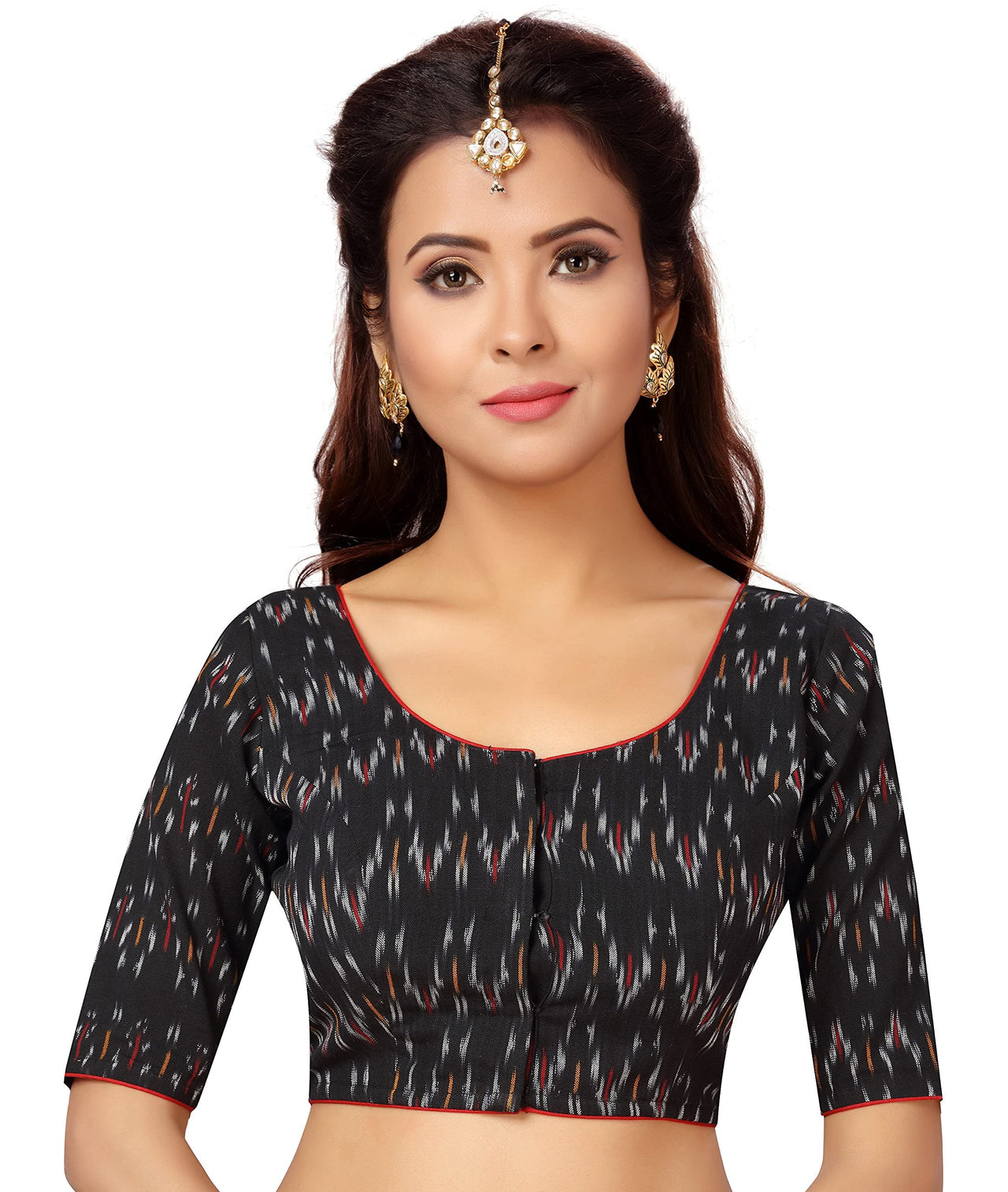 X3 Women's  Ikkat Print Black Pure Cotton Stitched Saree Blouse With Elbow Length Sleeves