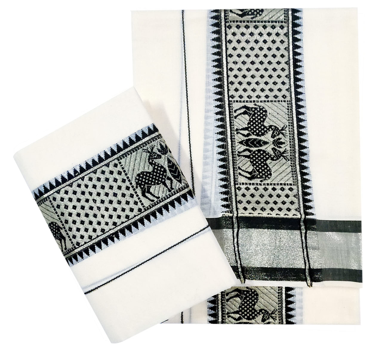 YETTALAN® Women's  Kerala Traditional Cotton Jacquard Work Set Mundu with Color Temple Border 2.00&2.80 Meters Maroon Peacock