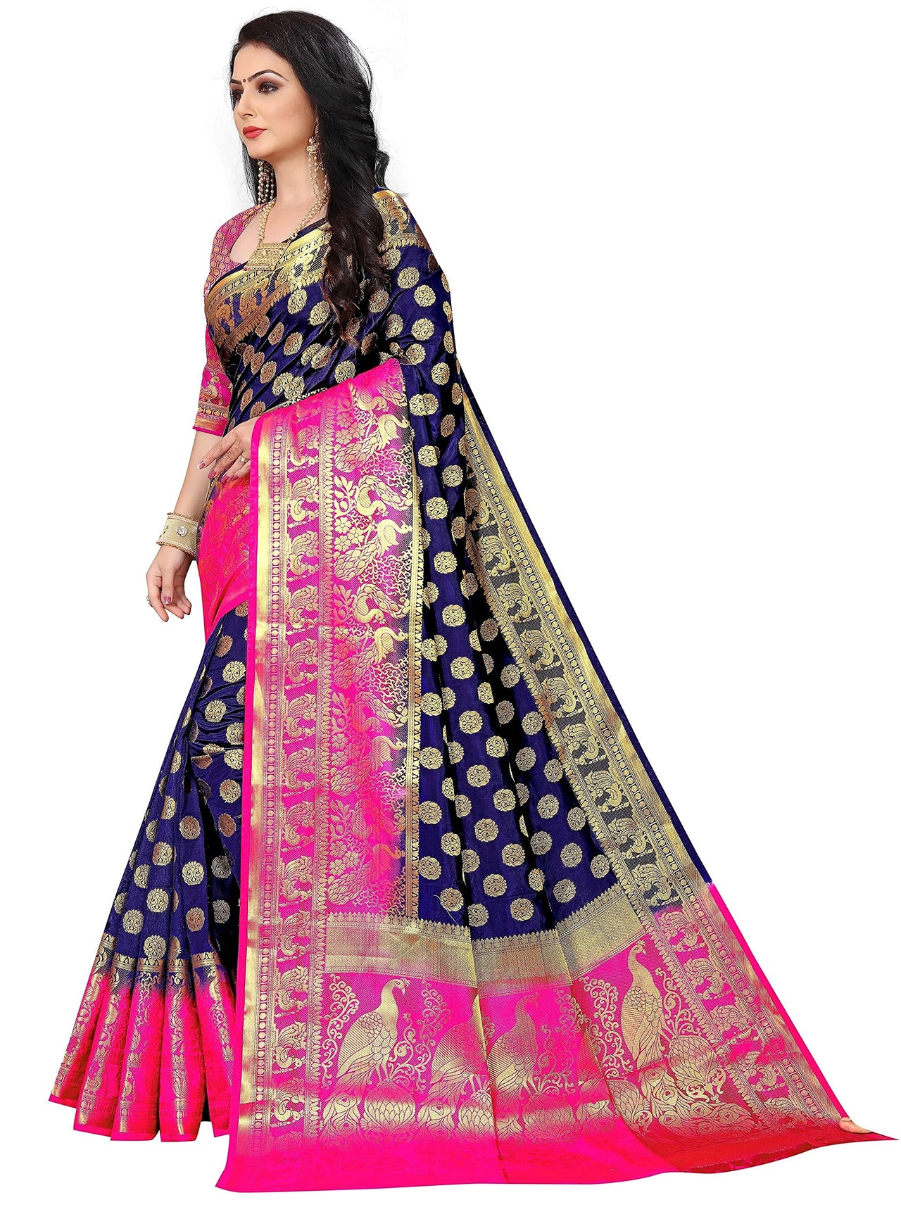 C J Enterprise Women's  Pure Kanchipuram Silk Sarees For Wedding With Un-Stitched Blouse Piece (D11 paithani)