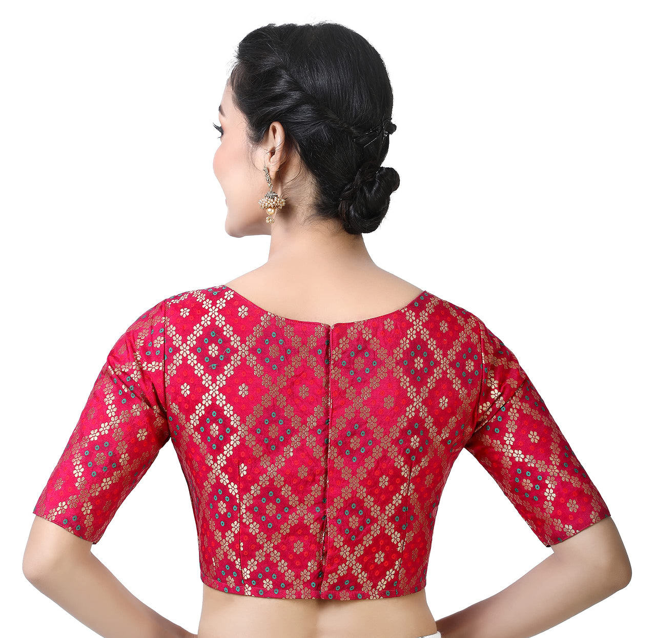 X3 Women's  Brocade Zari Weaving Elbow Length Sleeves Saree Blouse