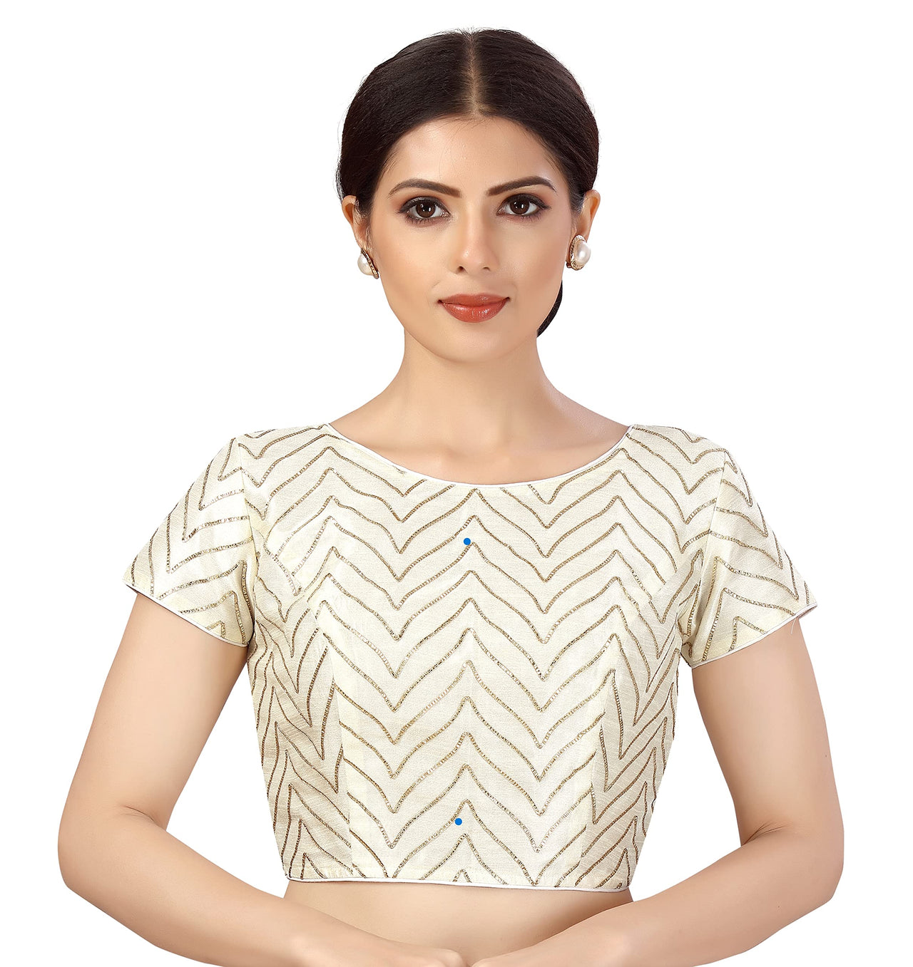 X3 Women's  Polyester Short Sleeves Golden Gota Embroidery Saree Blouse
