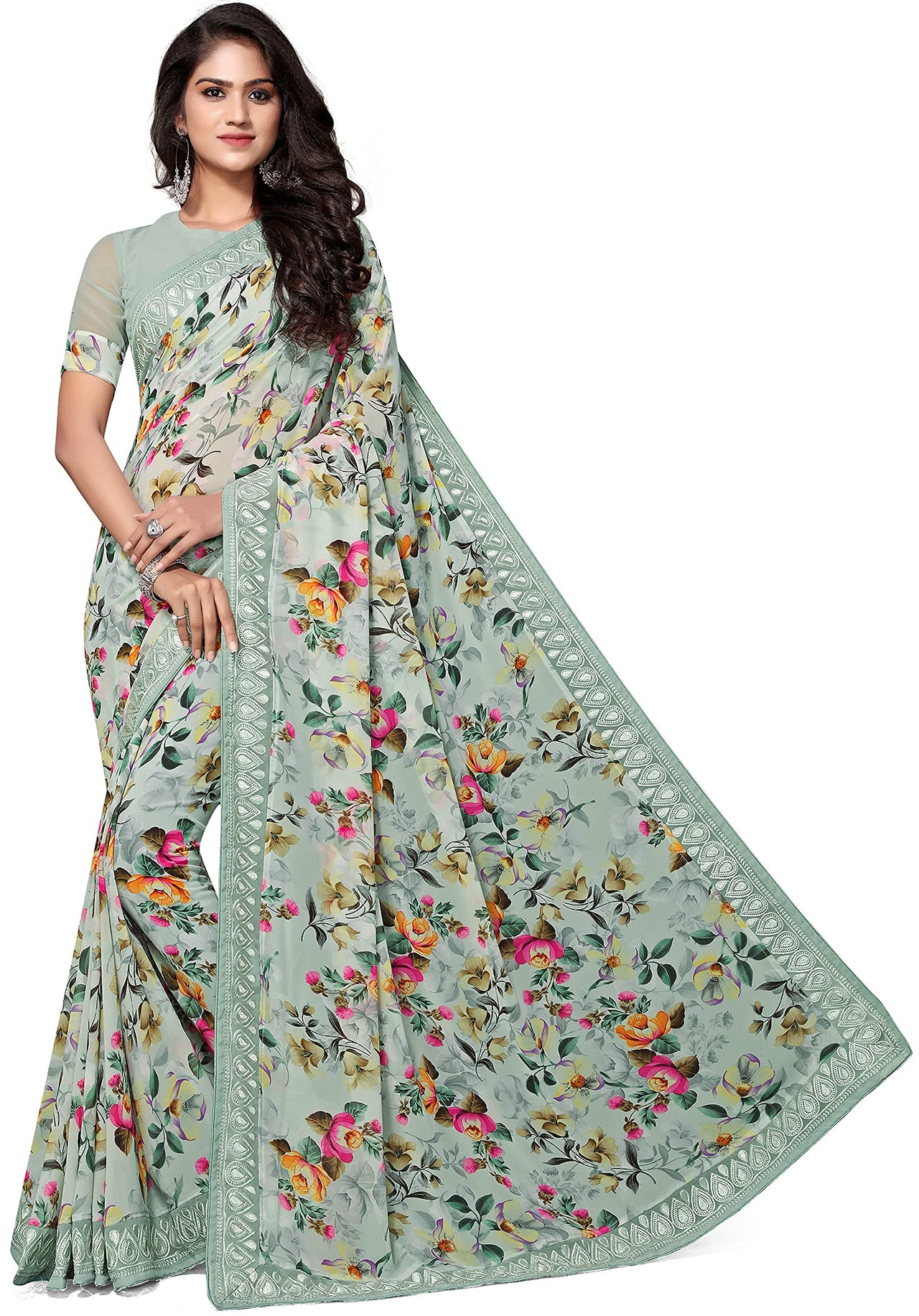 Shangrila Designer Digital Pastel Prints Weightless Georgette Saree With Blouse Piece