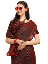 Amrutam Fab Women's  Embellished Net Pink Saree with unstitched Sequences velvet Blouse Piece