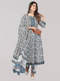 Vbuyz Women's  Printed & Sequience & Gota Patti Anarkali Cotton Blend Blue Stitched Kurta Pant with Dupatta