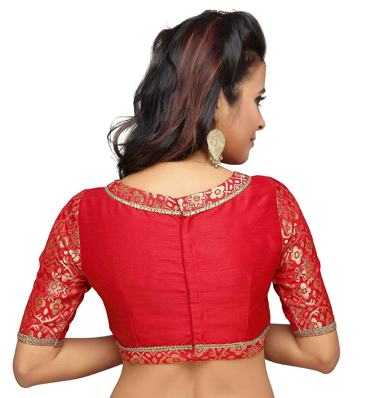 X3 Women's  Brocade And Silk Readymade Saree Blouse With Boat Neck And Elbow Length Sleeves Navy Blue 36