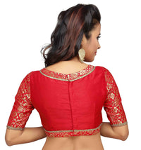 X3 Women's  Brocade And Silk Readymade Saree Blouse With Boat Neck And Elbow Length Sleeves Navy Blue 36