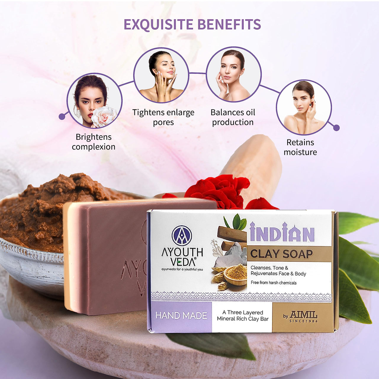 Ayouthveda Handmade Indian Clay Soap | Nourishes Protects & Hydrates Skin | A Three Layered Mineral Rich Clay Bar| Daily use Bar for Both Men & Women (Pack Of 3-110g each)