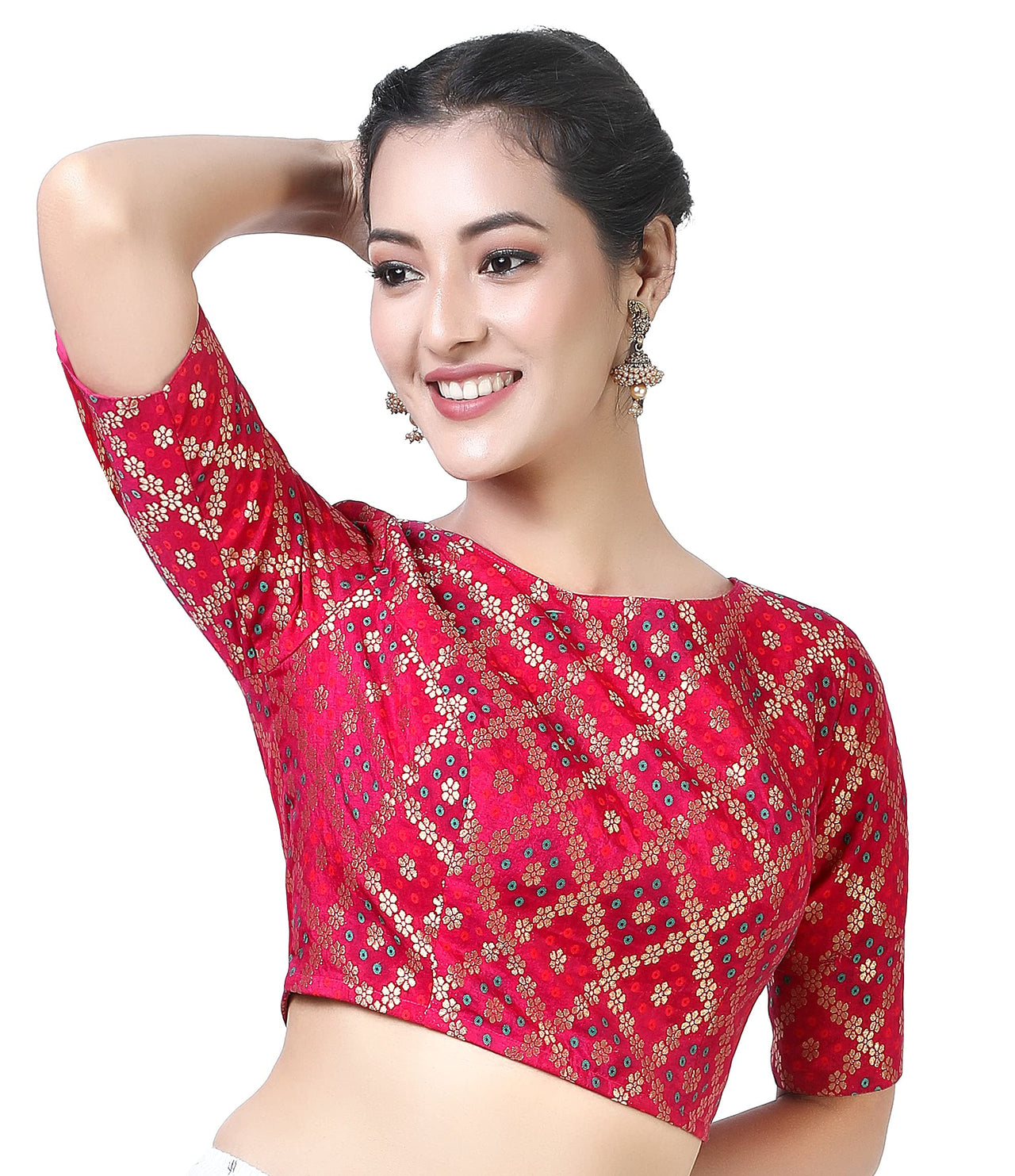X3 Women's  Brocade Zari Weaving Elbow Length Sleeves Saree Blouse