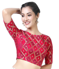 X3 Women's  Brocade Zari Weaving Elbow Length Sleeves Saree Blouse
