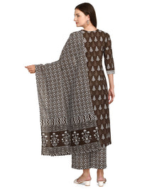 FIORRA Women's  Brown Straight Cotton Kurta with Palazzo and Dupatta