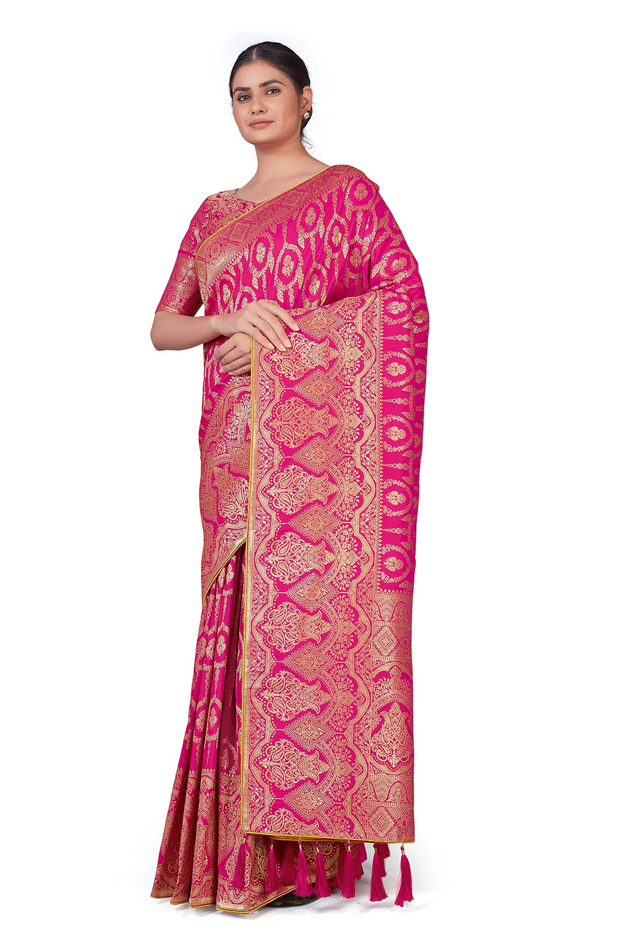 Monjolika Fashion Women's  Banarasi Silk Peach Color Golden Zari Woven Saree With Separate Embellished And Unsttiched Blouse Piece