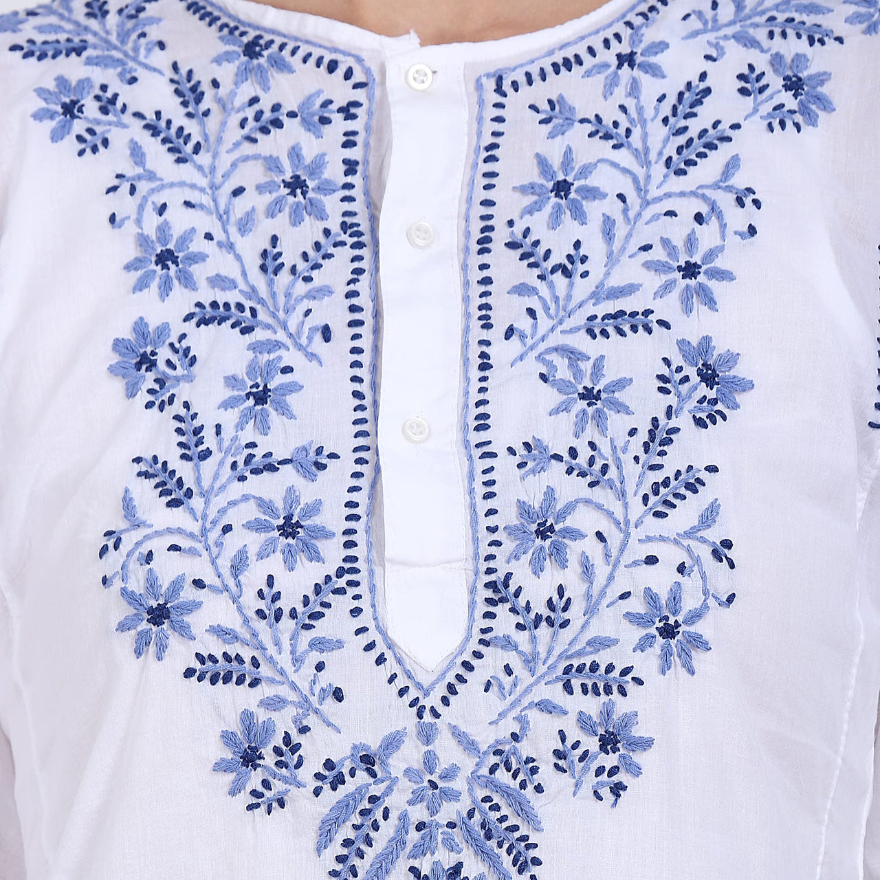 Paramount Women's  Chikankari Cotton White Straight Short Kurta Navy XS