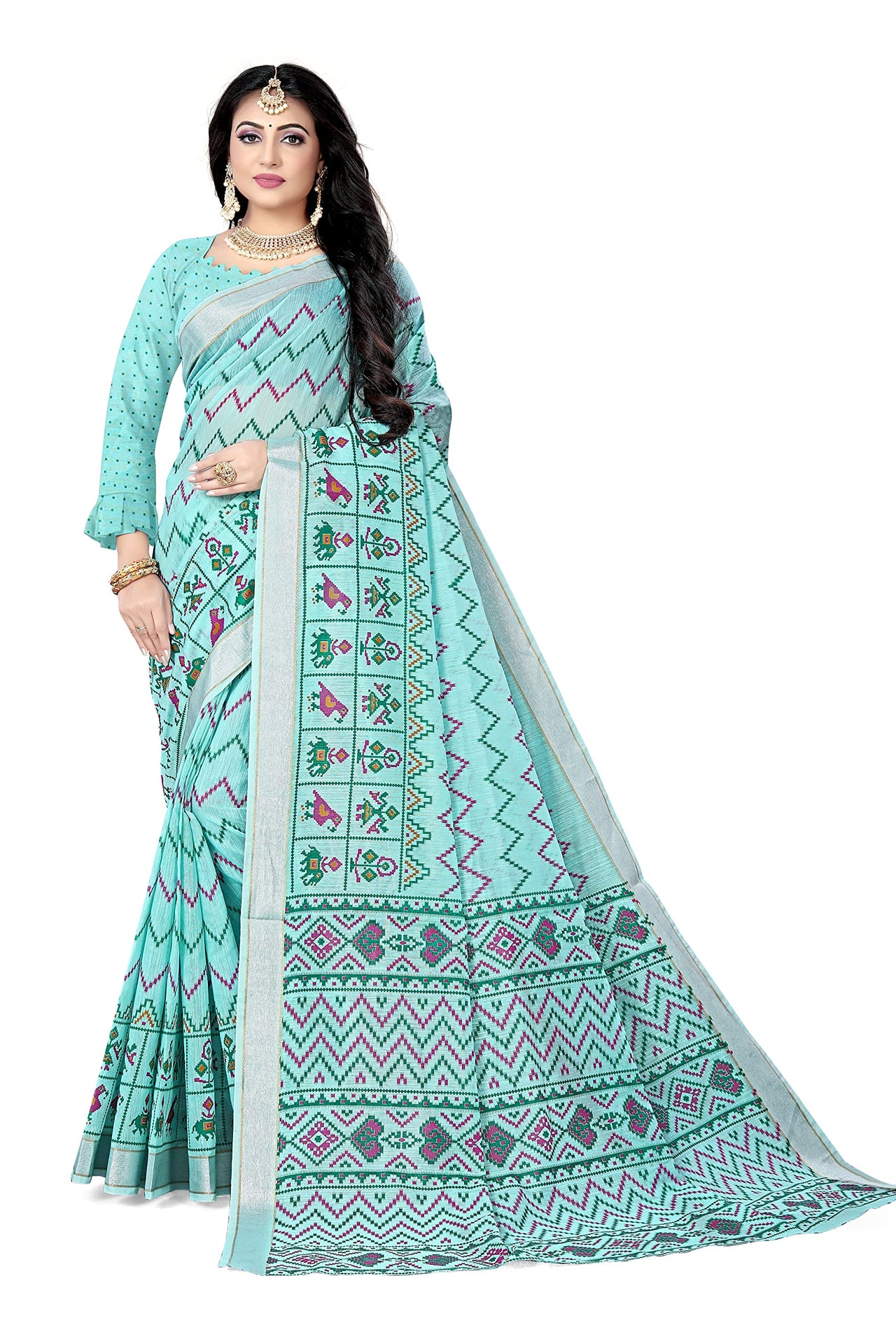 DHRUVI TRENDZ Women's  Cotton Silk Printed Banarasi Patola Silk Blend saree women with Blouse Piece (Orange)