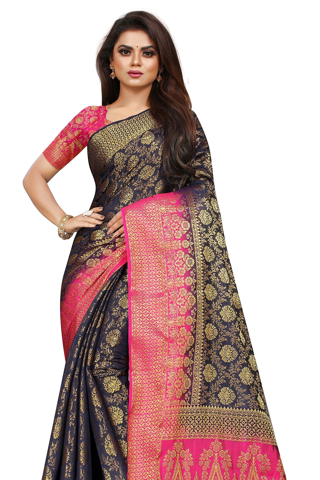 iZibra Women's  Pure Kanjivaram Silk Sraee Kanchipuram Pattu Sarees With Blouse Piece