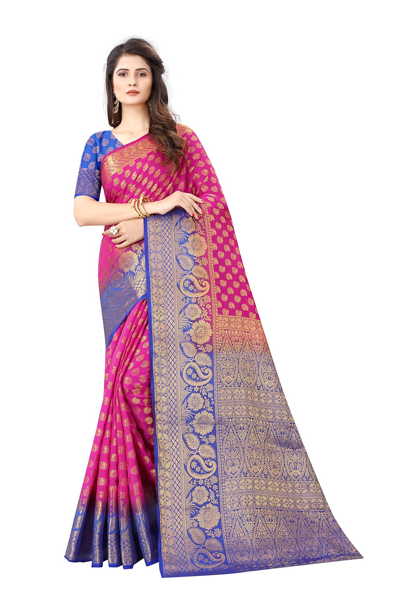 SATYAM WEAVES Women’s Daily/Party/Wedding/Casual Wear Rapier Jacquard Banarasi Cotton Silk Saree With Jacquard Designed Unstitched Blouse Piece