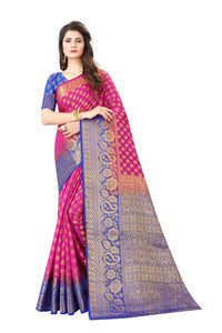 SATYAM WEAVES Women’s Daily/Party/Wedding/Casual Wear Rapier Jacquard Banarasi Cotton Silk Saree With Jacquard Designed Unstitched Blouse Piece