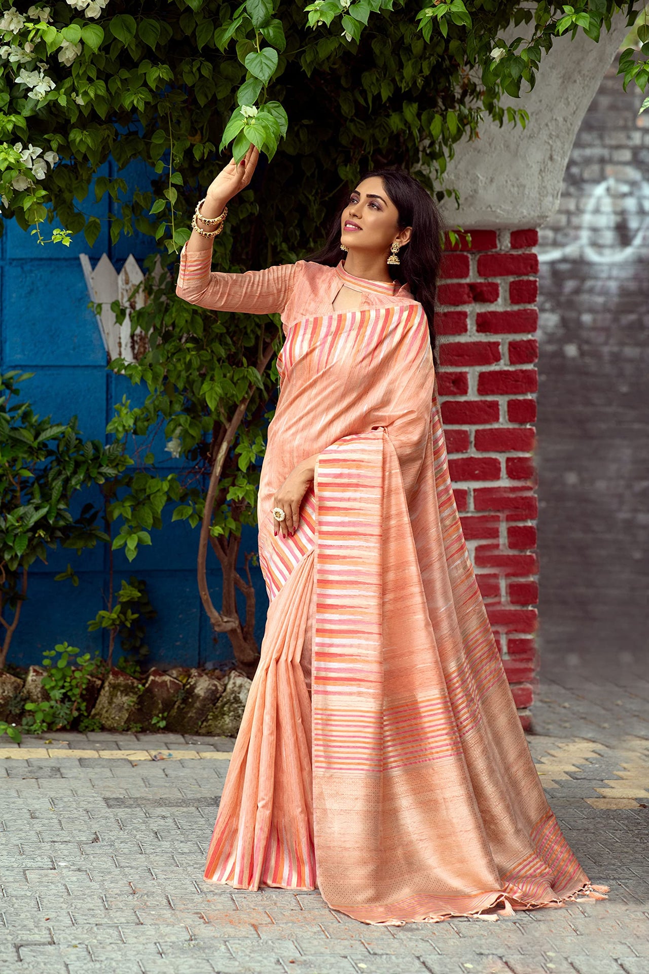 NK Textiles Women's  Ikat Woven Tussar Silk Saree with Tassels