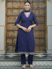 Blue Self Design Silk Blend Straight Suit with Dupatta