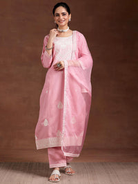Pink Embroidered Silk Blend Straight Suit with Dupatta