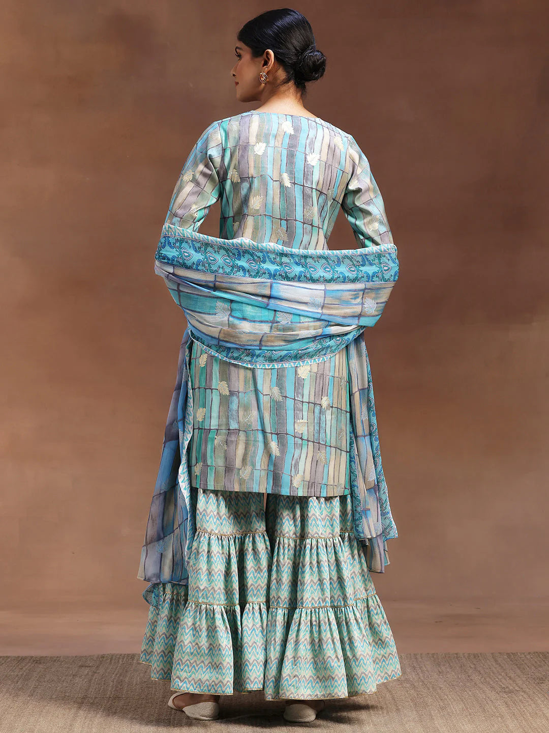 Blue Printed Silk Blend Straight Suit with Dupatta