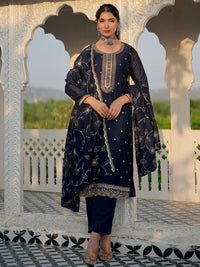 Blue Embroidered Silk Blend Straight Suit with Dupatta