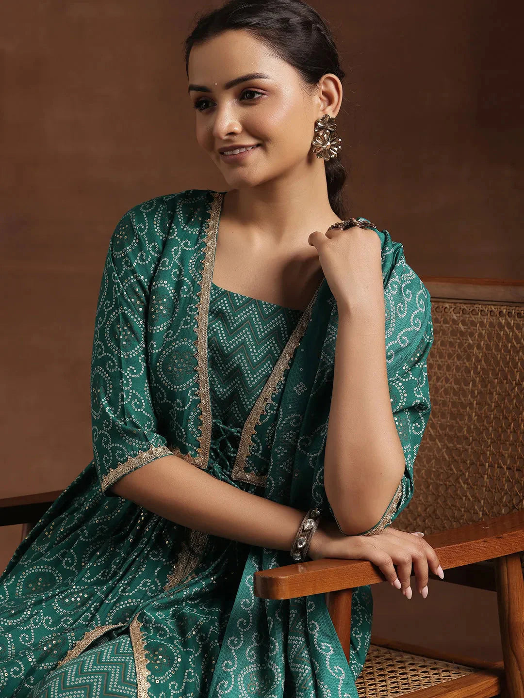 Rama Green Printed Silk Blend A-Line Kurta with Trousers & Dupatta