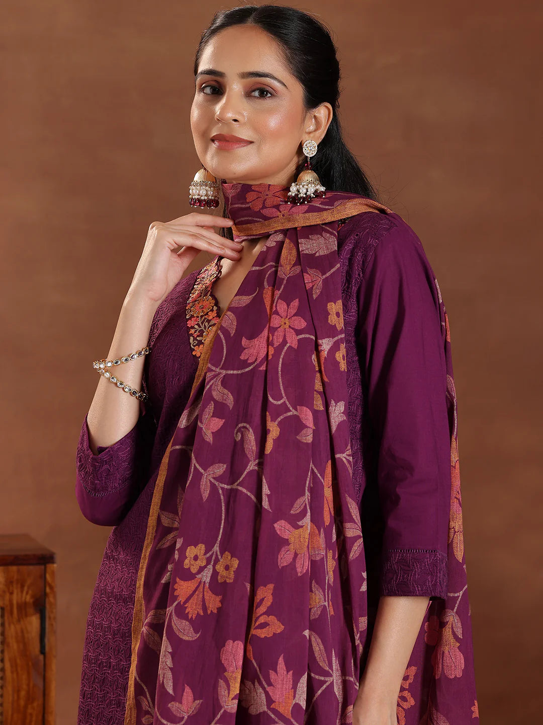 Wine Embroidered Cotton Straight Suit with Dupatta
