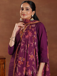 Wine Embroidered Cotton Straight Suit with Dupatta