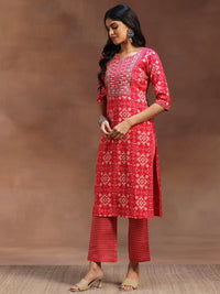 Pink Printed Silk Blend Straight Suit with Dupatta
