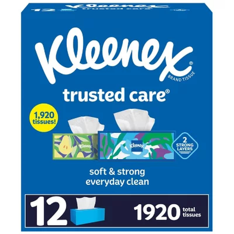 Kleenex Trusted Care 2-Ply Facial Tissues 12 Boxes, 160 Tissues/Box